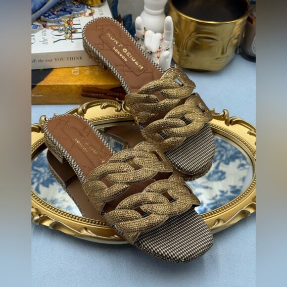 🆕 KURT GEIGER LONDON 🧿 NWOB Crystal Chain Flat Sandal, Gold - Sz EU37 US 7 - Picture 8 of 15